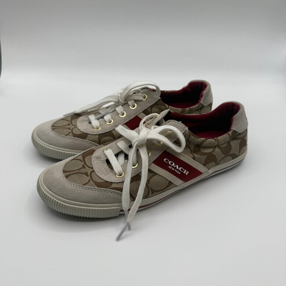 Coach Mila Sneakers Women 9 Brown Signature C Jacquard Suede Low Top Casual Y2K - Picture 2 of 10